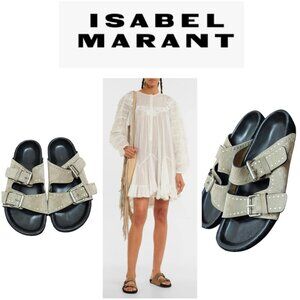Isabel Marant Suede Studded Slide Sandals Double Buckle Taupe EU 36